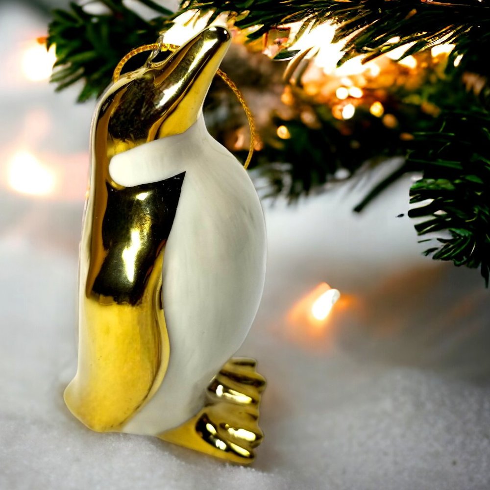 Porcelain Christmas Ornament Gold & White  Mini Penguin Figurine